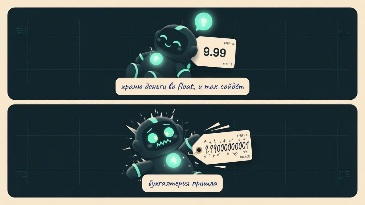 Мем: спокойный кот за float и тот же кот в панике, когда в сумме появились лишние девятки