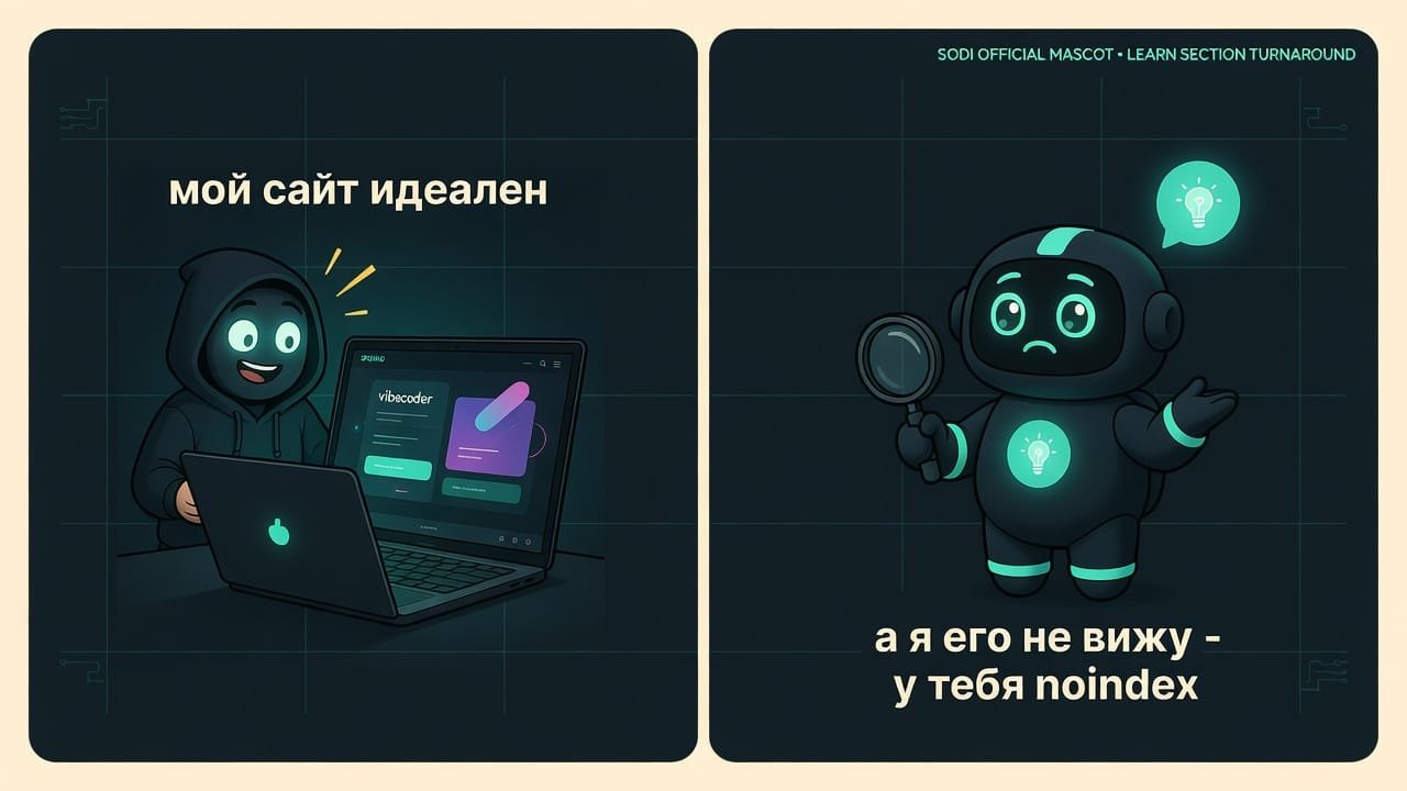 Мем: гордый разработчик показывает красивый сайт, а поисковый робот говорит, что не видит его из-за noindex