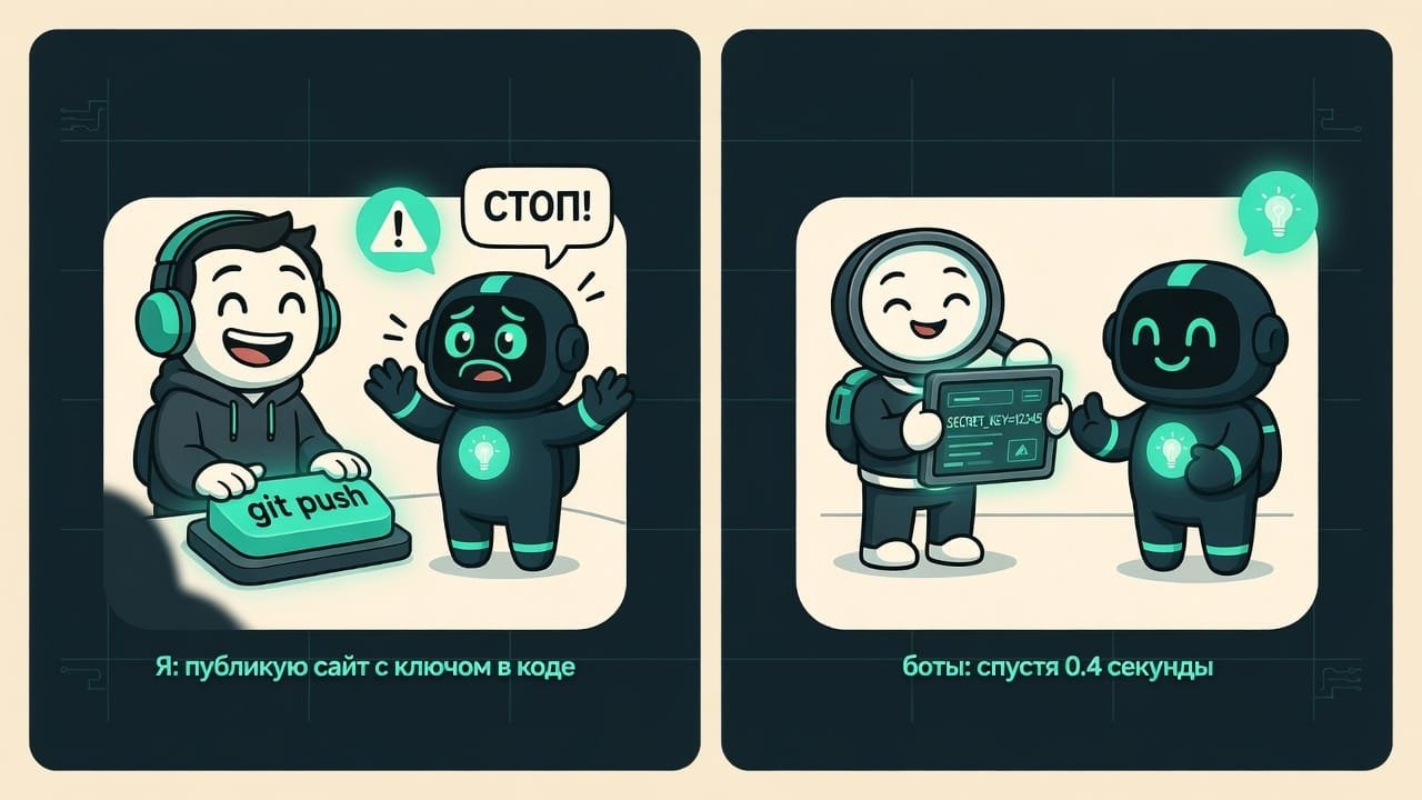 Мем: вайбкодер заливает сайт с ключом в коде, бот мгновенно находит его и потирает руки