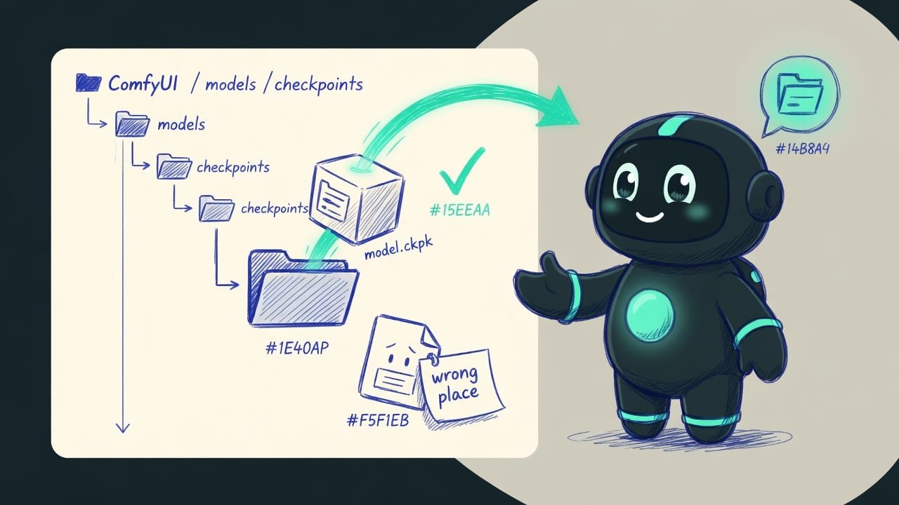 Skizze des ComfyUI-Ordnerbaums: Die Modelldatei landet genau in models/checkpoints