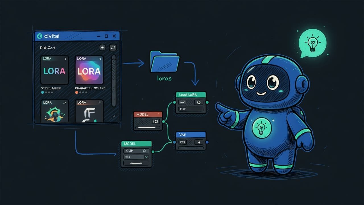 Страница каталога Civitai с карточками LoRA, стрелка в папку loras и к ноде, с Sodi
