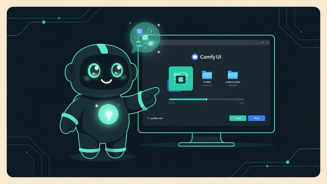Sodi pointing at ComfyUI desktop installer UI wizard during installation on Windows, folders and nodes hints, helpful robot companion