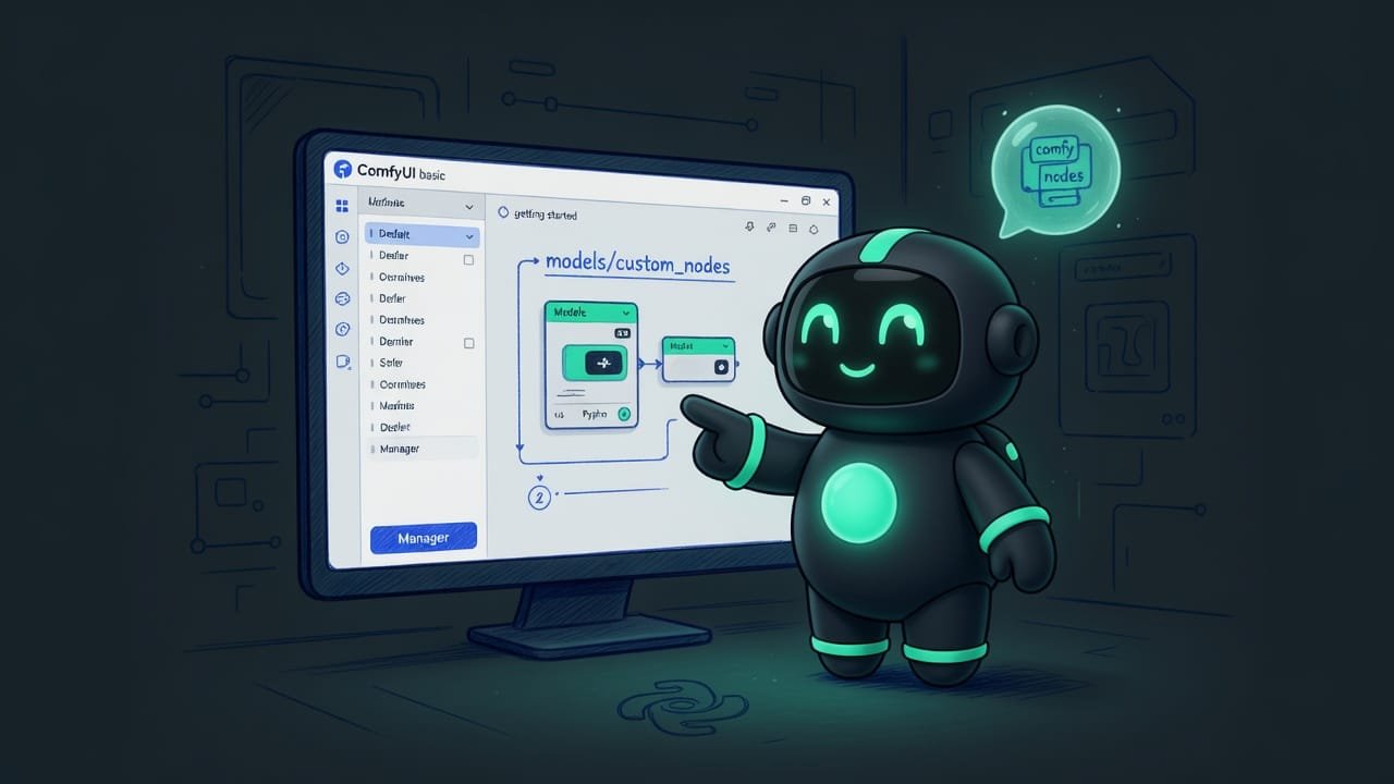 Sodi in sketch style pointing at ComfyUI first launch basic interface with Manager and workflow, folders/python hints