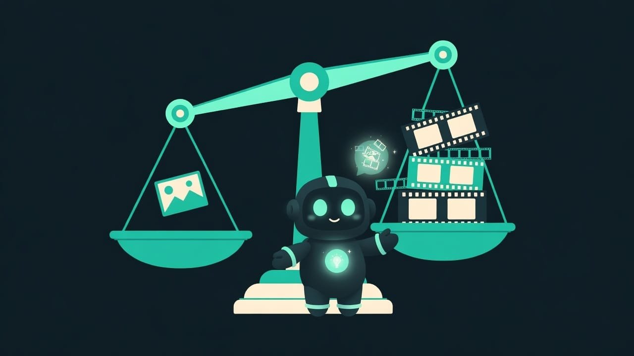 Eine Waage: auf der einen Schale ein leichtes einzelnes Bild, auf der anderen ein schwerer Stapel Video-Frames, die Video-Schale kippt klar nach unten