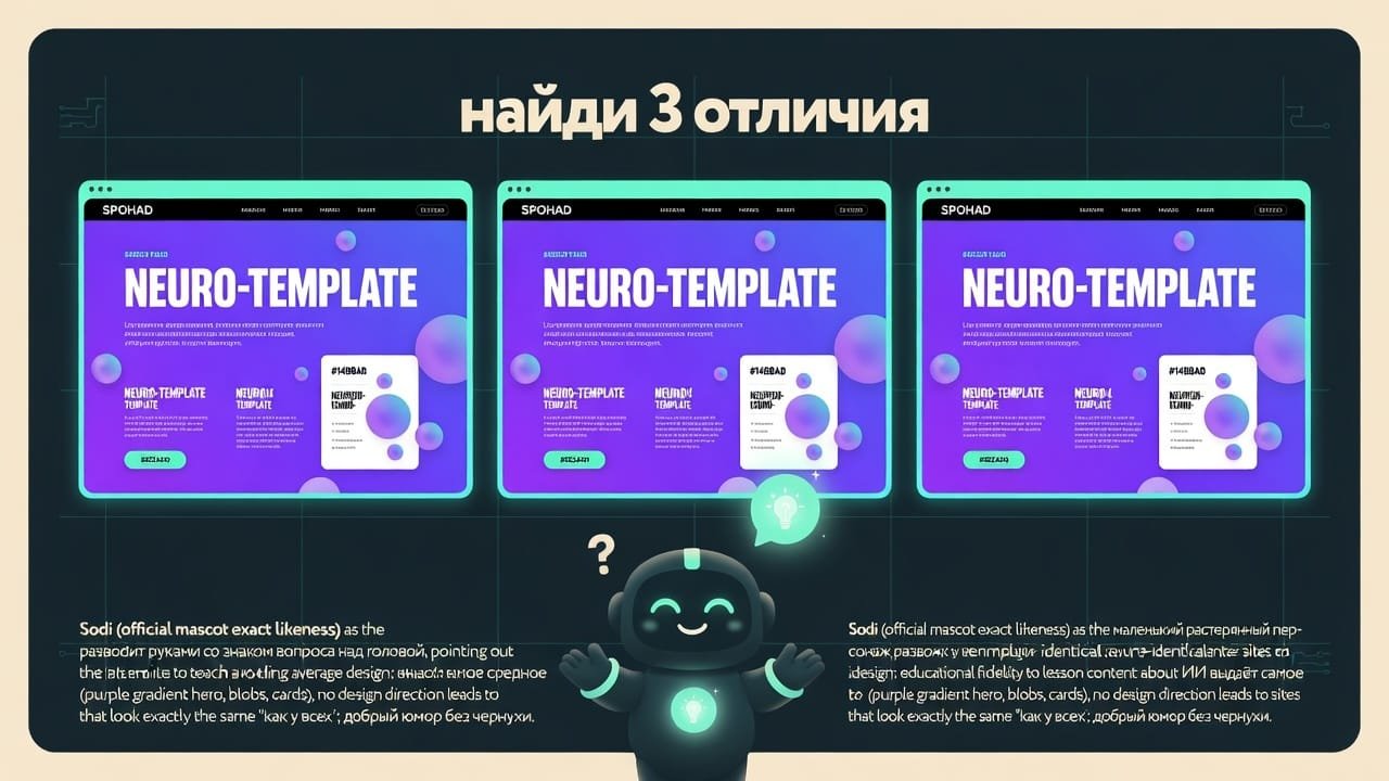 Мем: три абсолютно одинаковых фиолетовых сайта с подписью 'найди отличия'