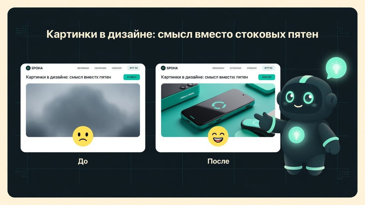 Сравнение: слева сайт со стоковым размытым пятном вместо фото, справа - с настоящим осмысленным изображением продукта