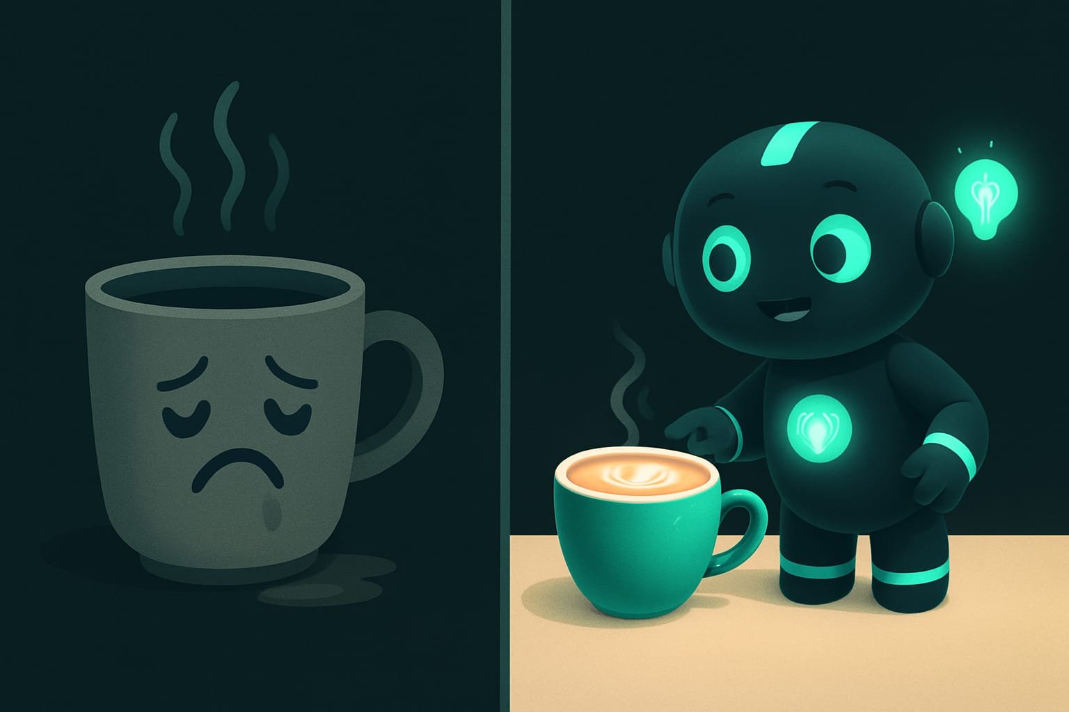 Meme: links der Prompt „mach ein Bild von Kaffee“ und ein trauriges Stockfoto, rechts ein detaillierter Prompt und eine schöne Tasse