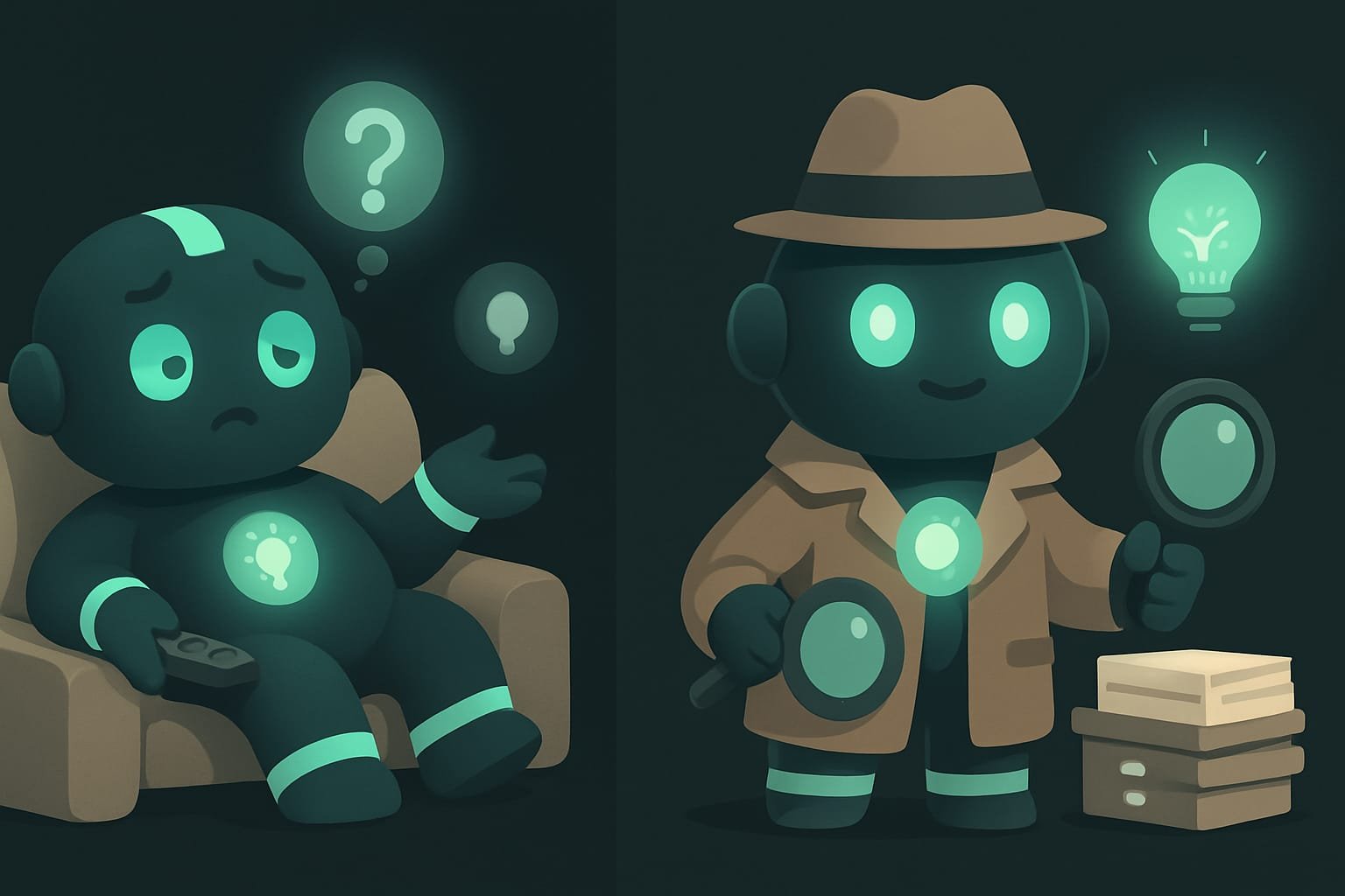 Links liegt ein KI-Roboter auf dem Sofa und rät, rechts liest derselbe Roboter im Detektivmantel einen Stapel Dokumente