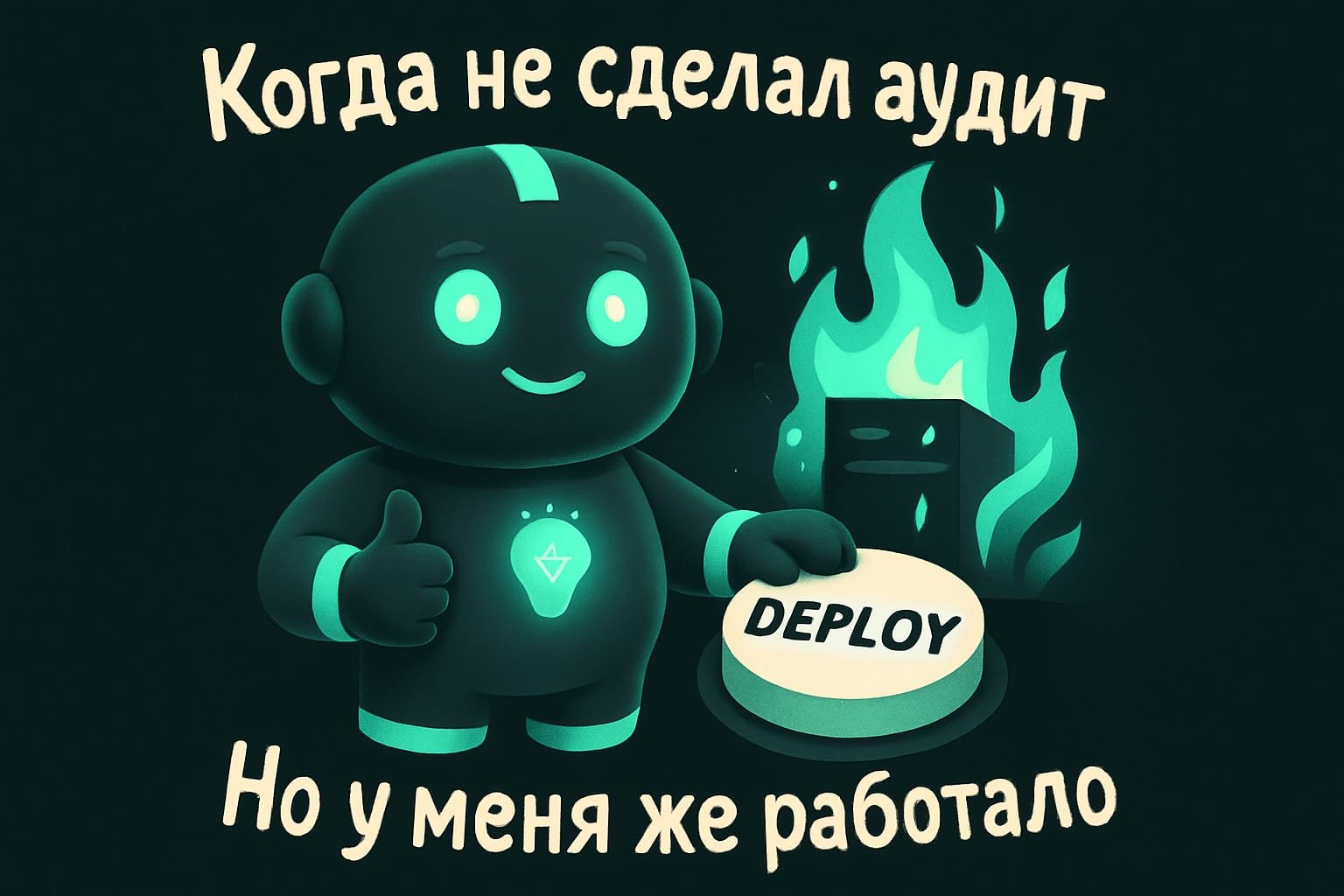 Meme: Ein Entwickler drückt selbstbewusst Deploy, im Hintergrund brennt der Server, Bildunterschrift „aber bei mir lief es doch“