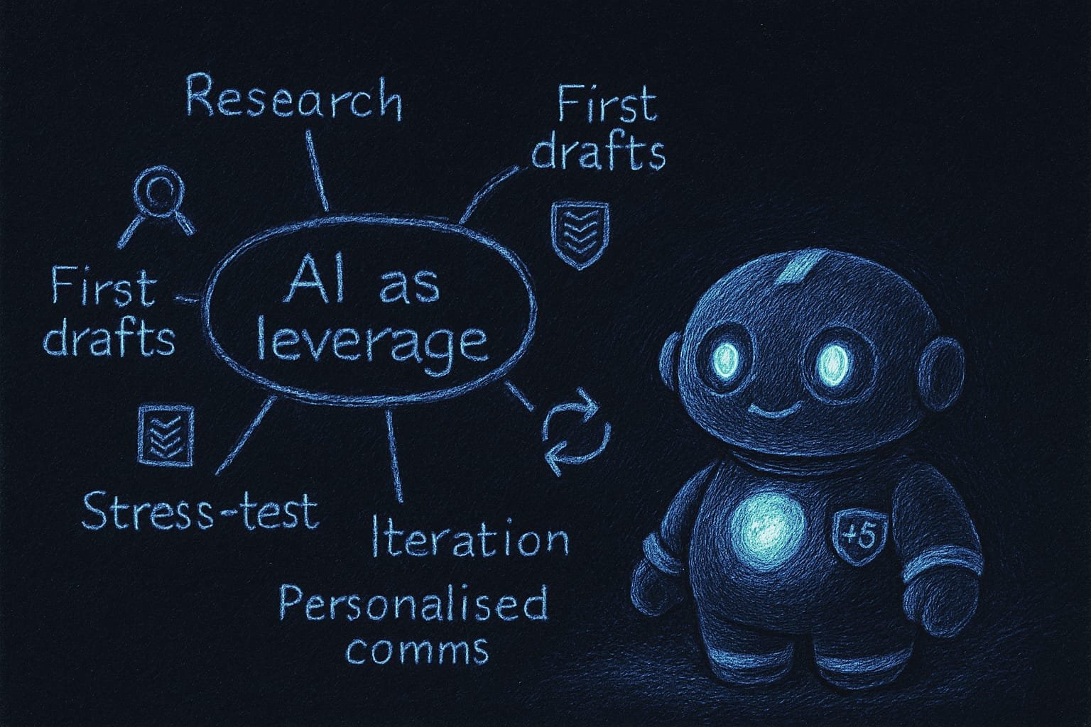 Skizzen-Mindmap: im Zentrum AI as leverage, fünf Anwendungs-Äste, Sodi mit einem Badge x5