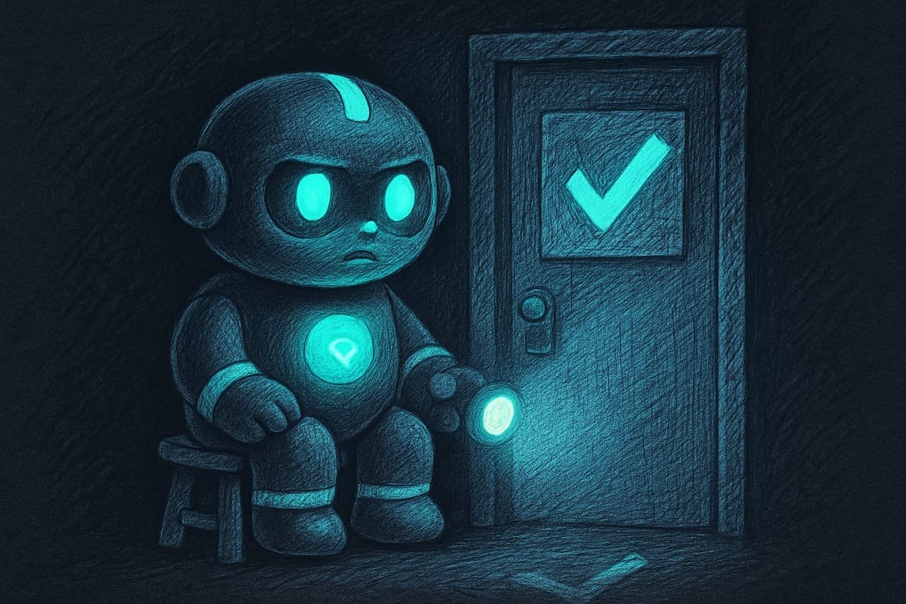 Ein kleiner Wächter-Roboter mit Taschenlampe steht an einer Tür, auf der steht „diesen Bug haben wir schon gefangen“