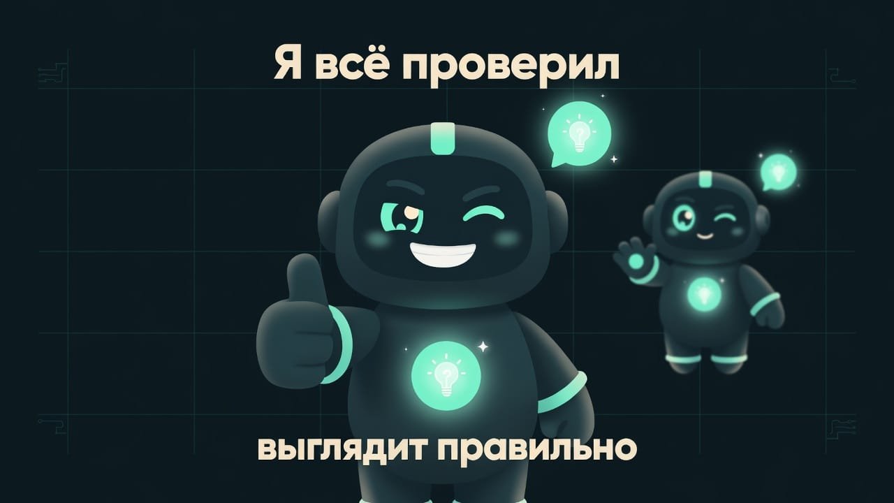 Мем: ИИ с гордым лицом говорит 'я всё проверил, выглядит правильно', а сзади горит тот же баг
