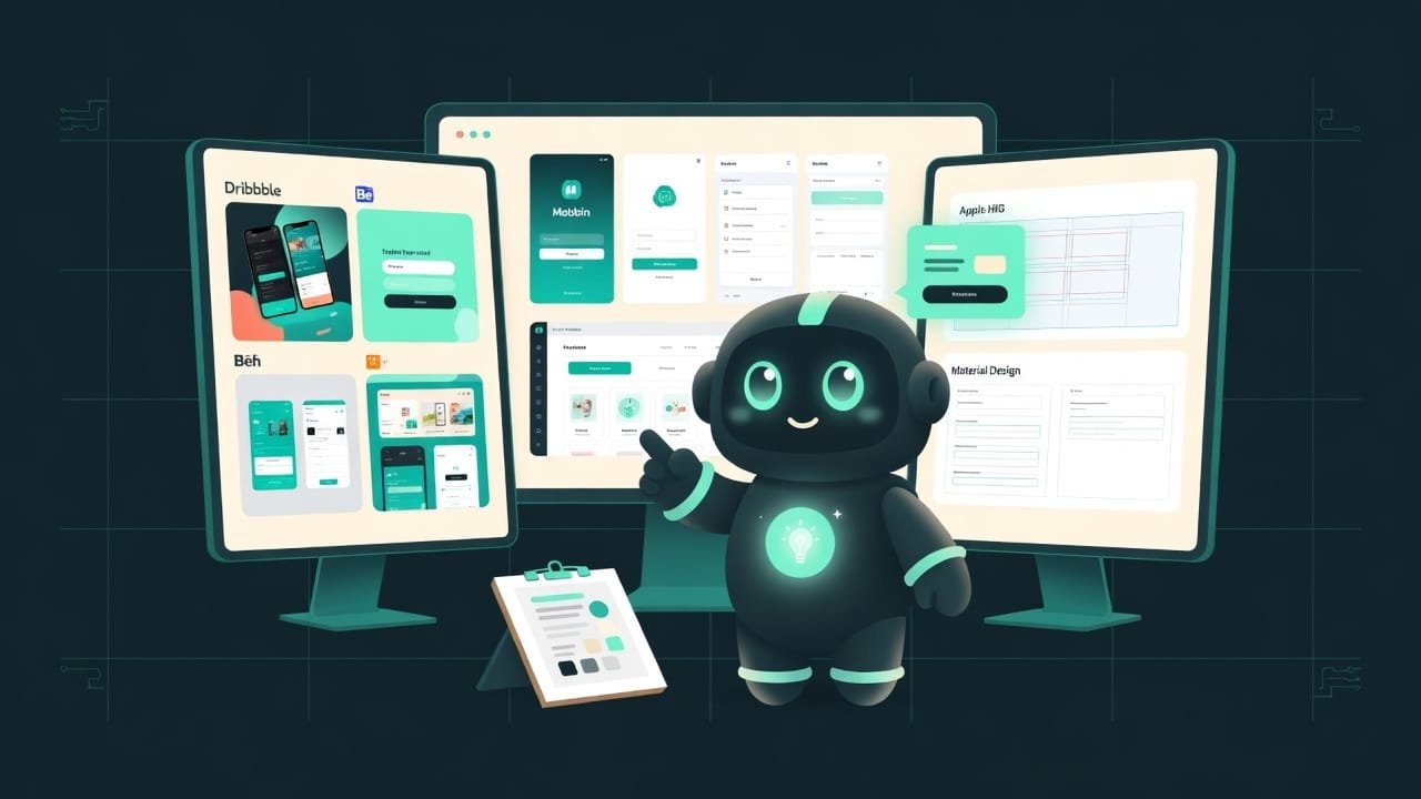 Sodi vor einer Inspirationswand kuratiert Design/UI-Lösungen aus Dribbble/Behance-Galerien, realen Mobbin-Produkten und Apple HIG / Material Design-Systemen