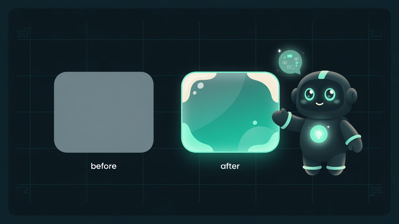Zwei Buttons nebeneinander: links ein flaches graues Rechteck, rechts ein plastischer Button mit weichem Schatten und Lichtkante, mit Sodi-Maskottchen