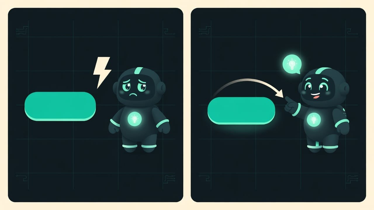 Ein Button klickt augenblicklich ohne Reaktion, der andere sackt sanft beim Drücken ein mit Mikroanimation; Maskottchen Sodi beobachtet und reagiert