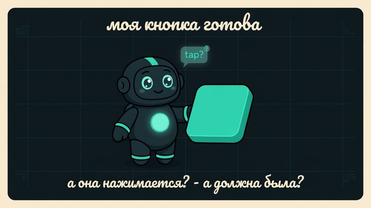Мем: робот-разработчик гордо показывает кнопку, которая никак не реагирует на нажатие