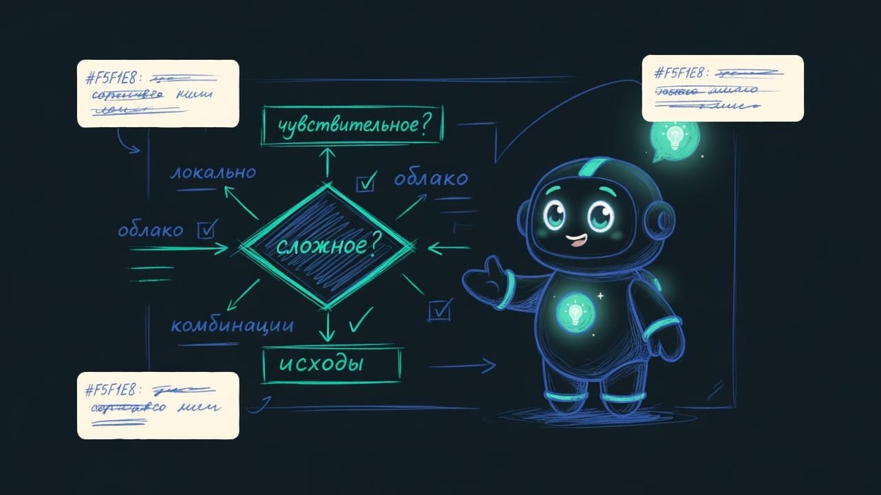 Схема-развилка с Sodi, взвешивающим факторы приватности/стоимости/оффлайн, указывающим на локально vs облако по вопросам чувствительное/сложное