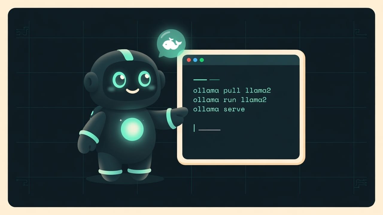 Schema: in der Mitte der Ollama-Server, mit Pfeilen daran angeschlossen das Terminal, ein Code-Editor und ein Skript