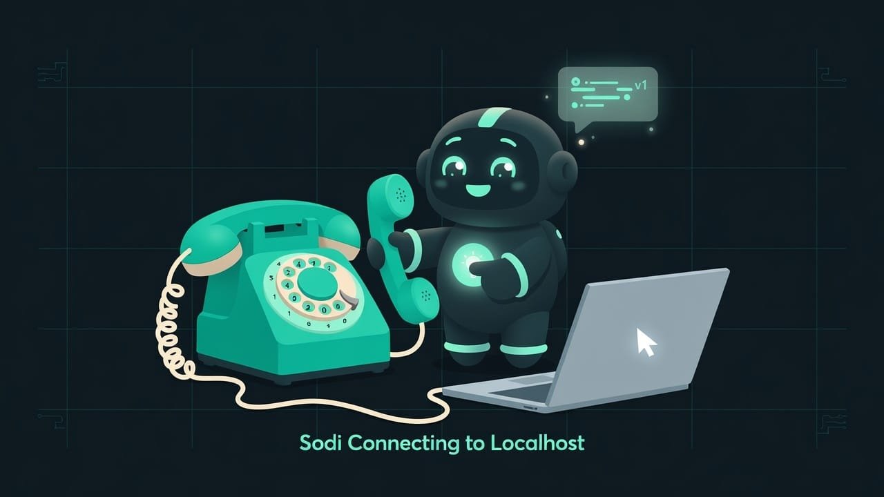 Ein altes Wählscheibentelefon wählt die Nummer localhost, am anderen Ende der Leitung sitzt ein Modell-Kästchen