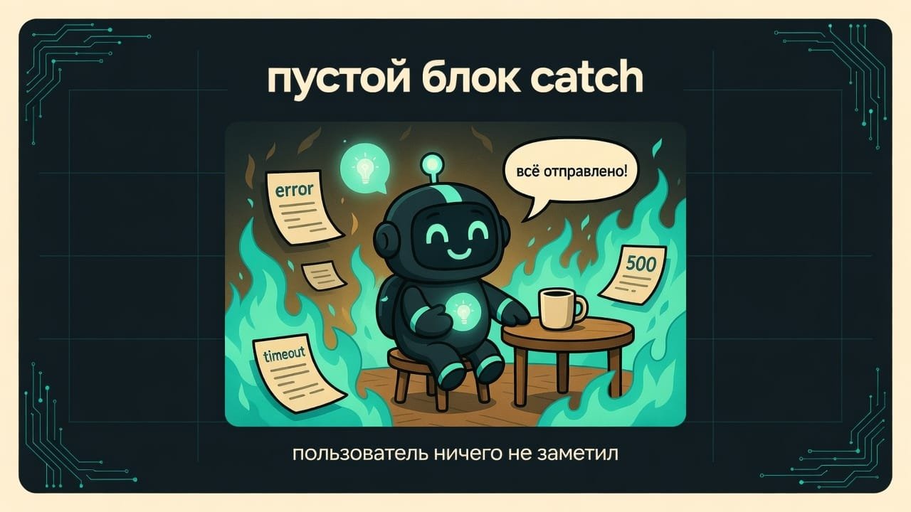 Мем: робот-приложение спокойно улыбается, а вокруг горит комната непойманных ошибок