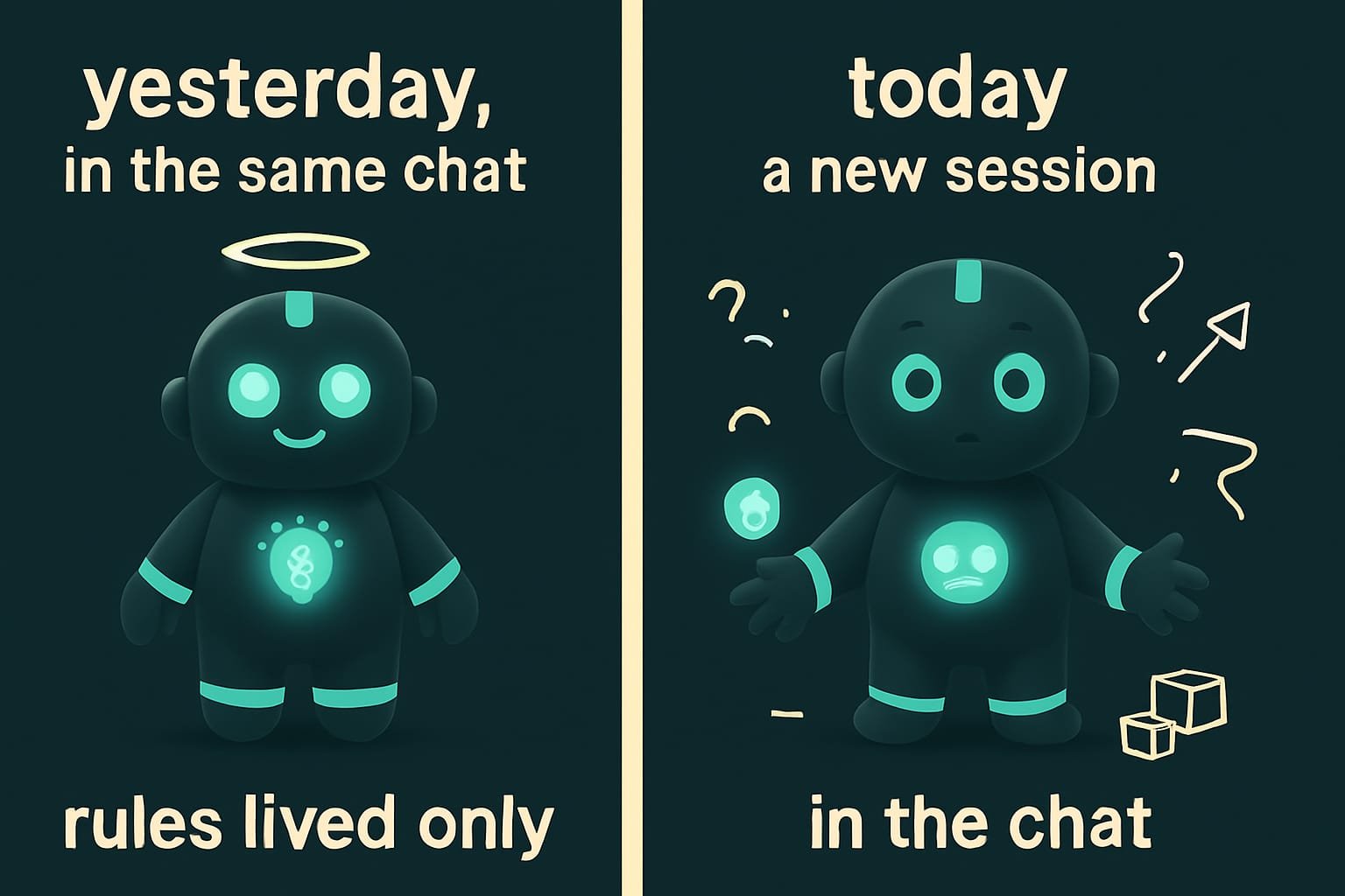 Meme: der Agent macht in der neuen Session fröhlich alles nach seinem Kopf, weil die Regeln nur im Chat lebten