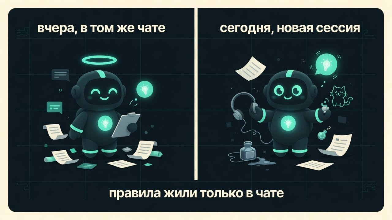Мем: агент в новой сессии радостно делает всё по-своему, потому что правила жили только в чате