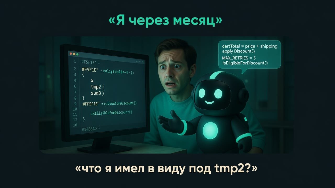 Мем: человек смотрит на собственный код через месяц и не понимает, что значит tmp2