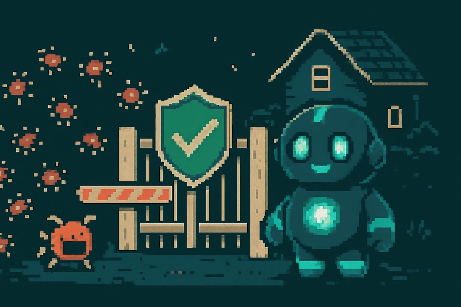 Pixel-Art: Ein grünes Häkchen-Schild am Tor hält rote Bug-Käfer von der Seite fern