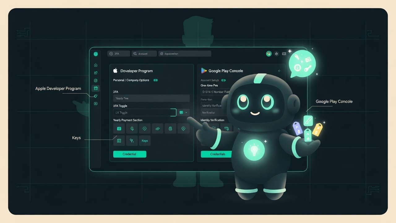 Sodi an der Entwicklerkonsole mit Formularen für Apple Developer Program und Google Play Console, hält leuchtende Keys und Credentials