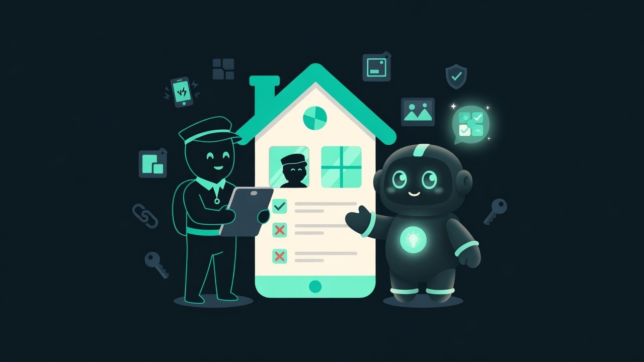 Ein Inspektor mit Checkliste geht um ein App-Häuschen herum, rüttelt an Türen und Hähnen, sucht nach Angriffsflächen