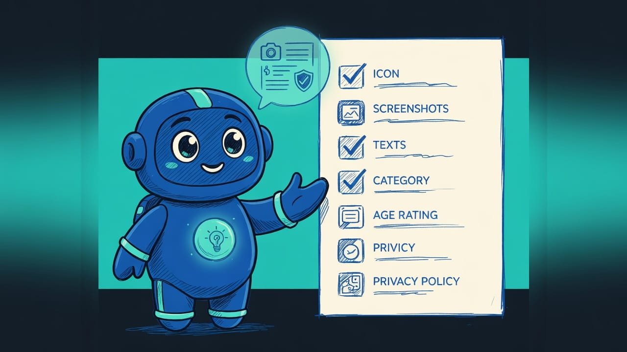Checkliste aus sechs Punkten: Icon, Screenshots, Texte, Kategorie, Altersfreigabe, Datenschutz