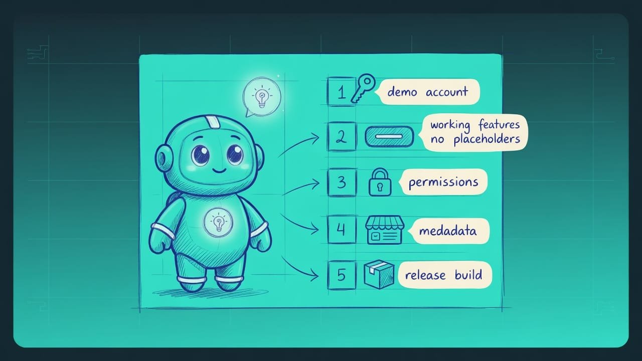 Fünf Häkchen der Checkliste: Demo-Account, funktionierende Features, Berechtigungen, Metadaten, Release-Build