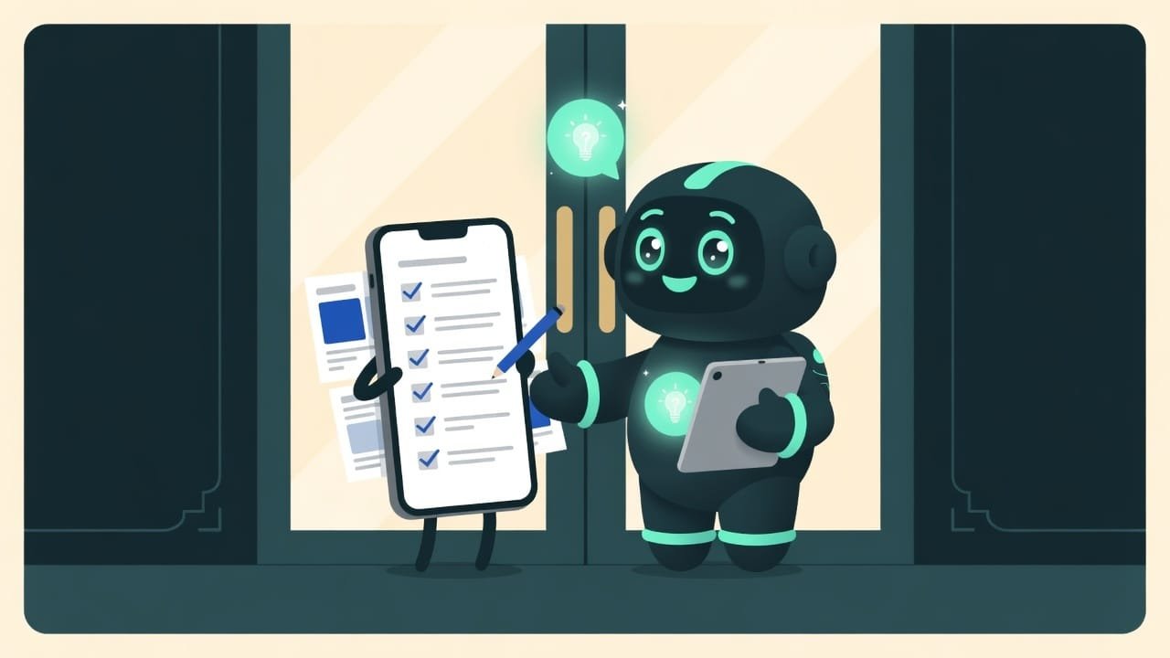Türsteher einer teuren Boutique mit einer Checkliste auf dem Tablet prüft am Eingang eine App, die als Besucher dargestellt ist, Sodi als hilfreicher Begleiter daneben
