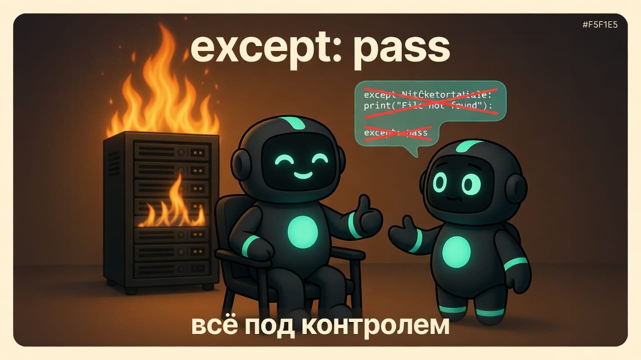 Мем: агент ловит все ошибки голым except и говорит всё хорошо, а сзади всё горит