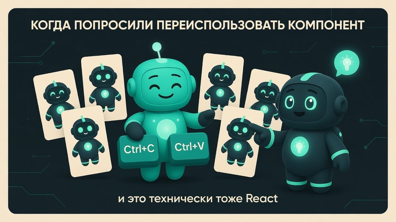 Мем: робот-агент копирует один и тот же блок кода в пятый раз и заявляет, что это и есть компонентный подход