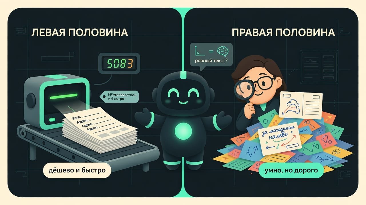 Слева робот-педант разбирает стопку одинаковых бланков, справа усталый эксперт читает гору рукописных открыток
