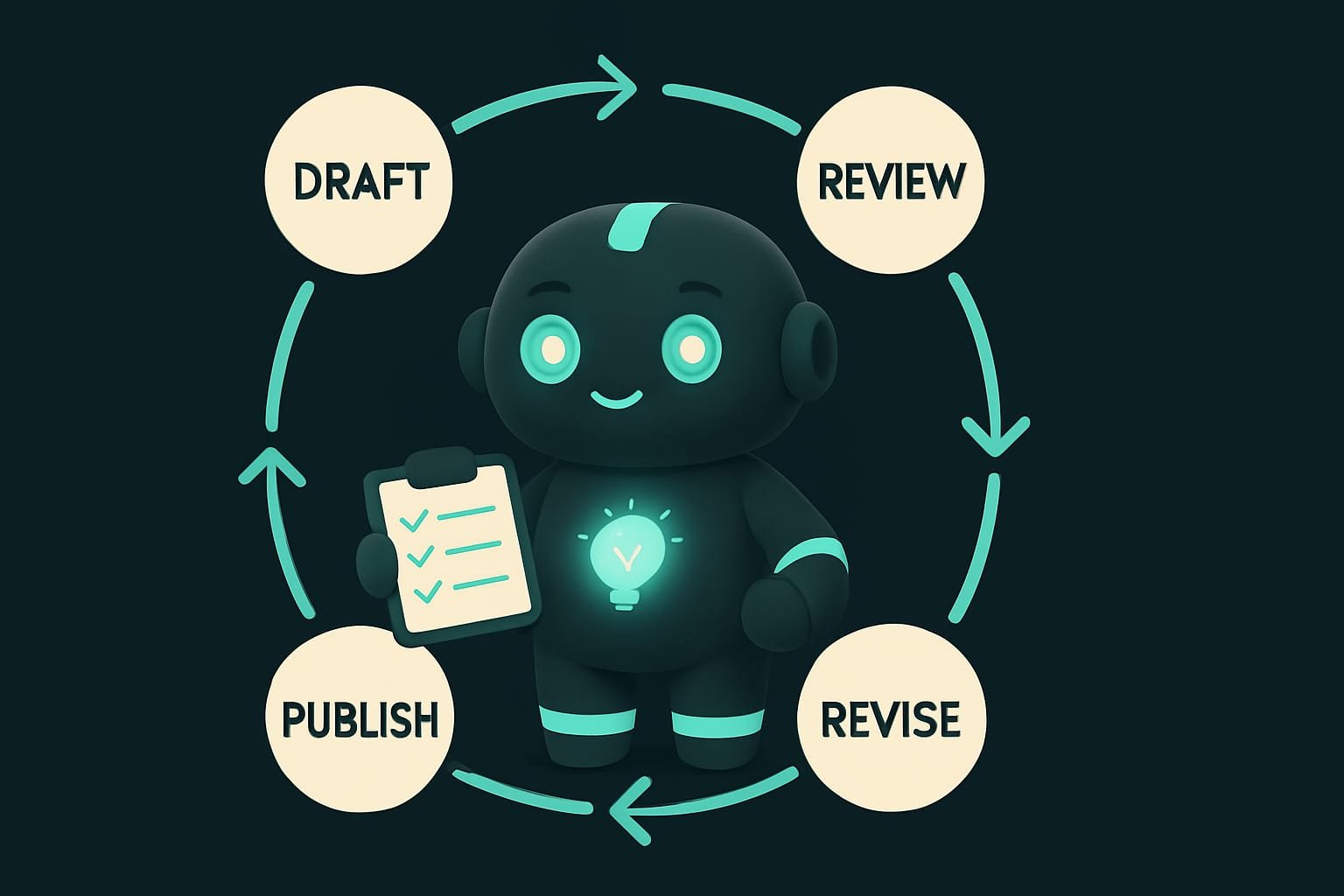 Kreislauf Draft - Review - Revise - Publish, in der Mitte Sodi mit einem Klemmbrett und fünf Checkboxen