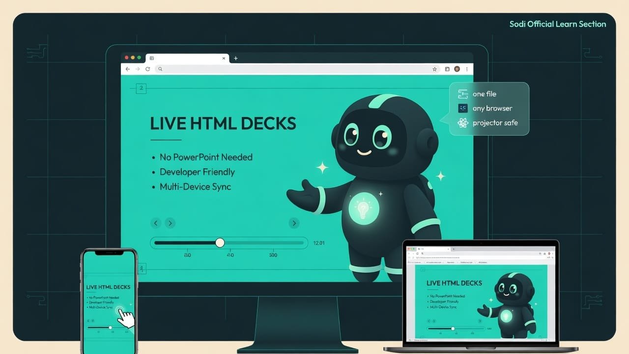 Живая HTML-презентация в браузере на экране проектора, ноутбуке и телефоне, Sodi помогает