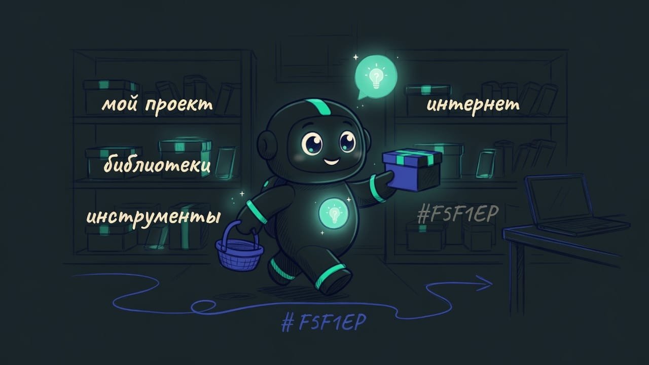 Четыре полки с готовыми решениями, агент идёт вдоль них прежде чем сесть писать код