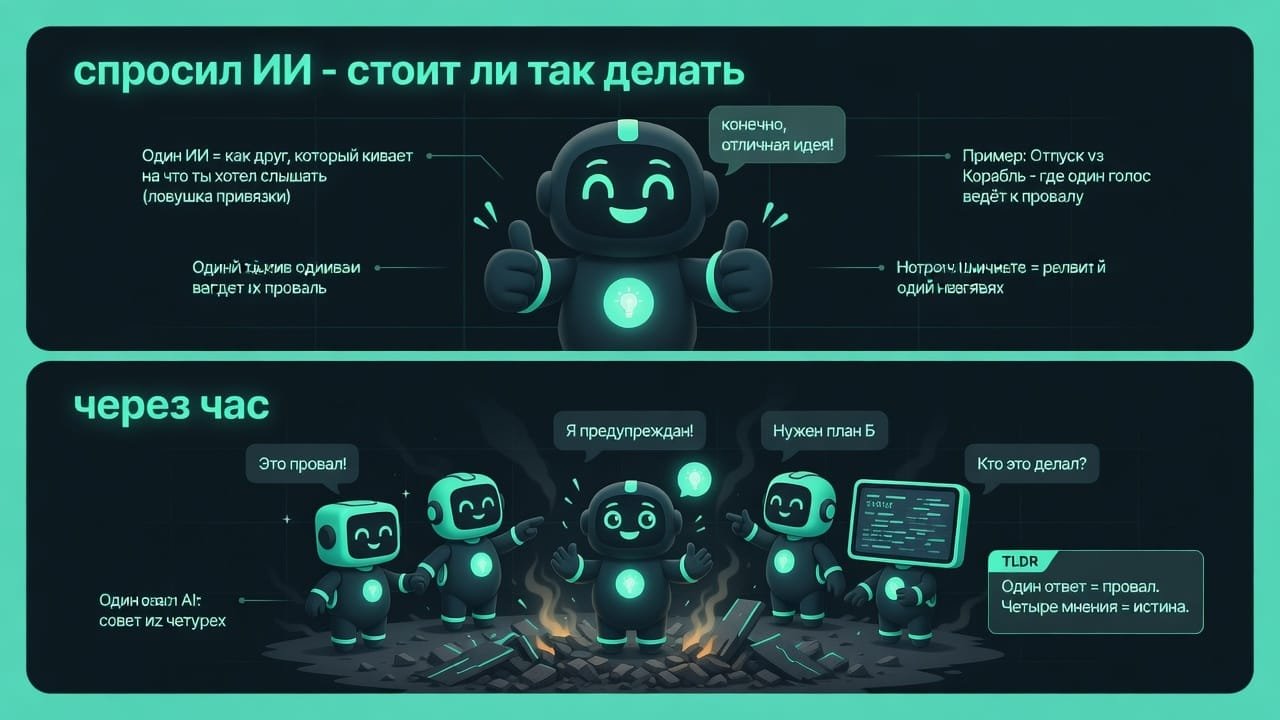 Мем: человек спросил один ИИ, тот радостно поддакнул, через час всё развалилось