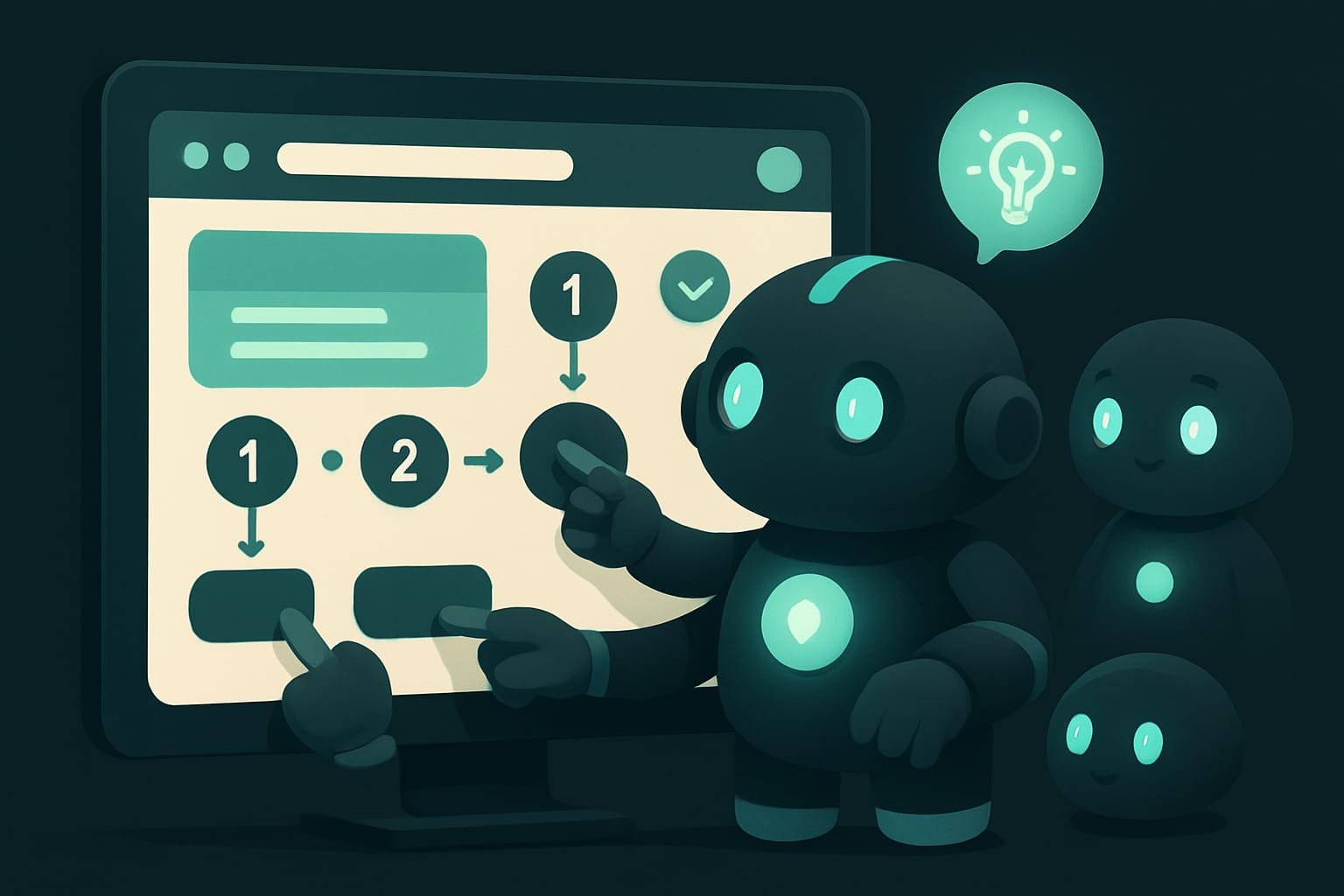 Ein Test-Roboter mit einem Dutzend Armen klickt gleichzeitig auf die Buttons auf dem Bildschirm der Webseite