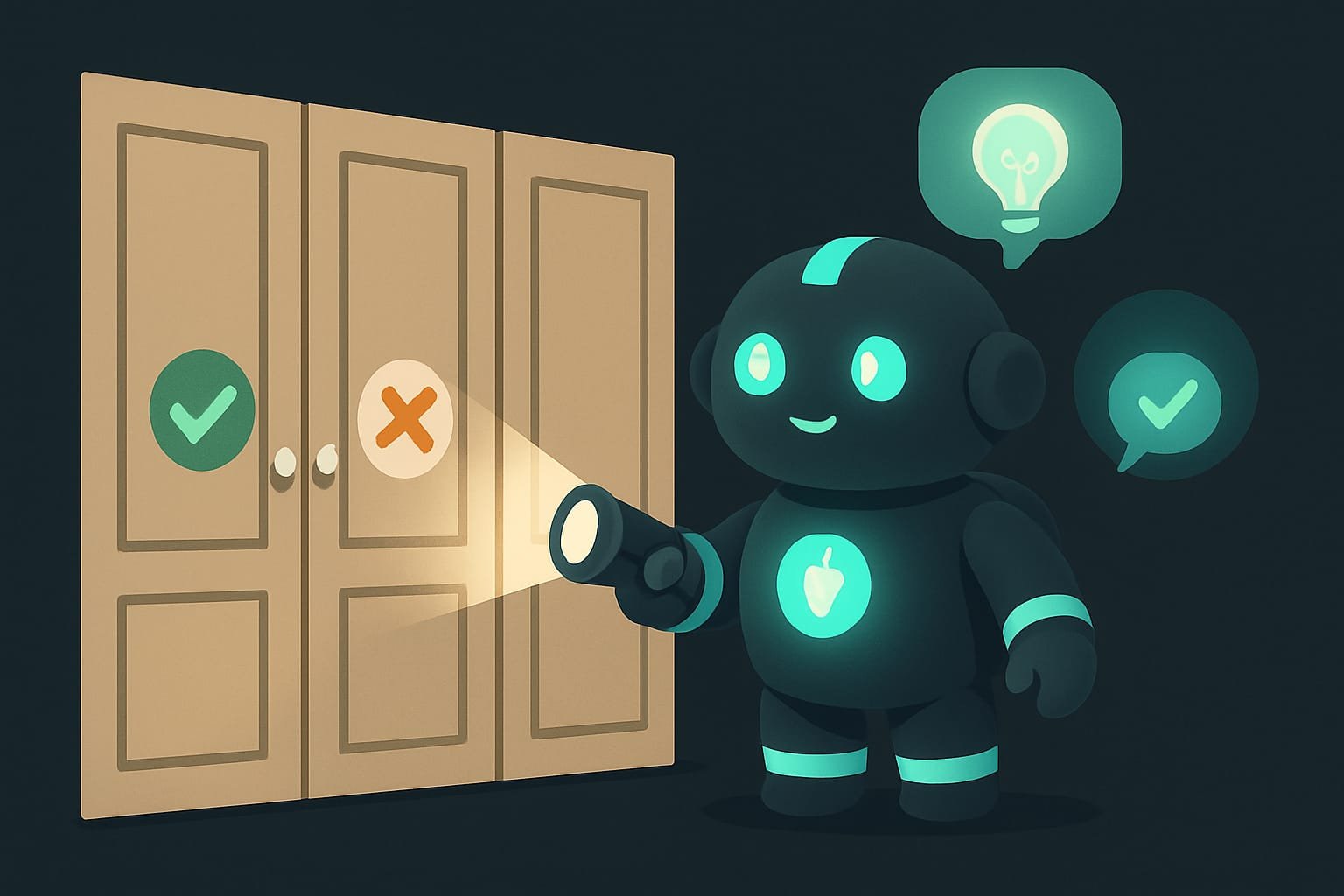 Ein Prüf-Roboter mit Taschenlampe geht eine Reihe Schranktüren ab und setzt Häkchen