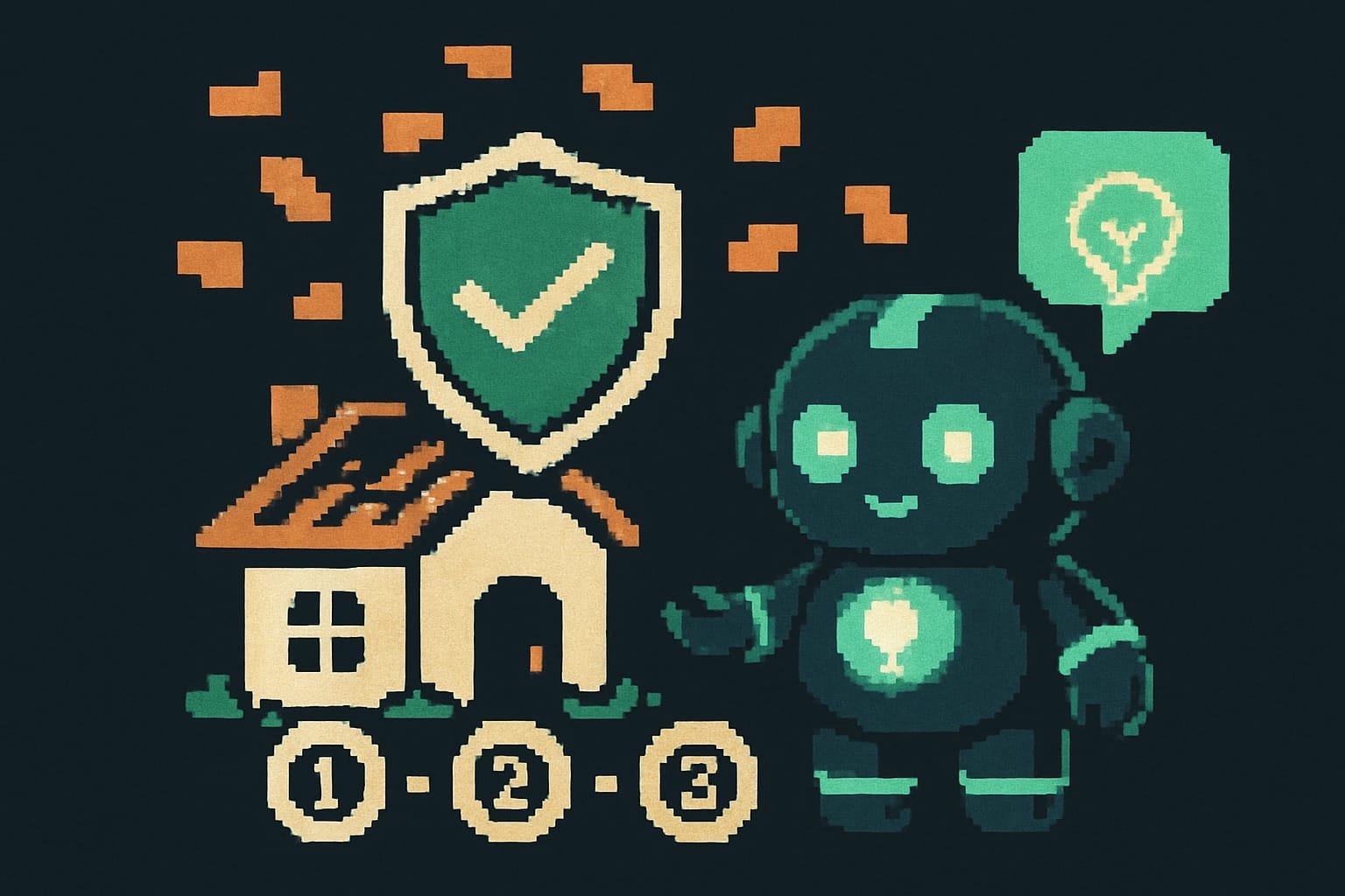 Pixel-Art: ein grüner Häkchen-Schild schützt ein Häuschen-Projekt vor herabfallenden Ziegel-Bugs