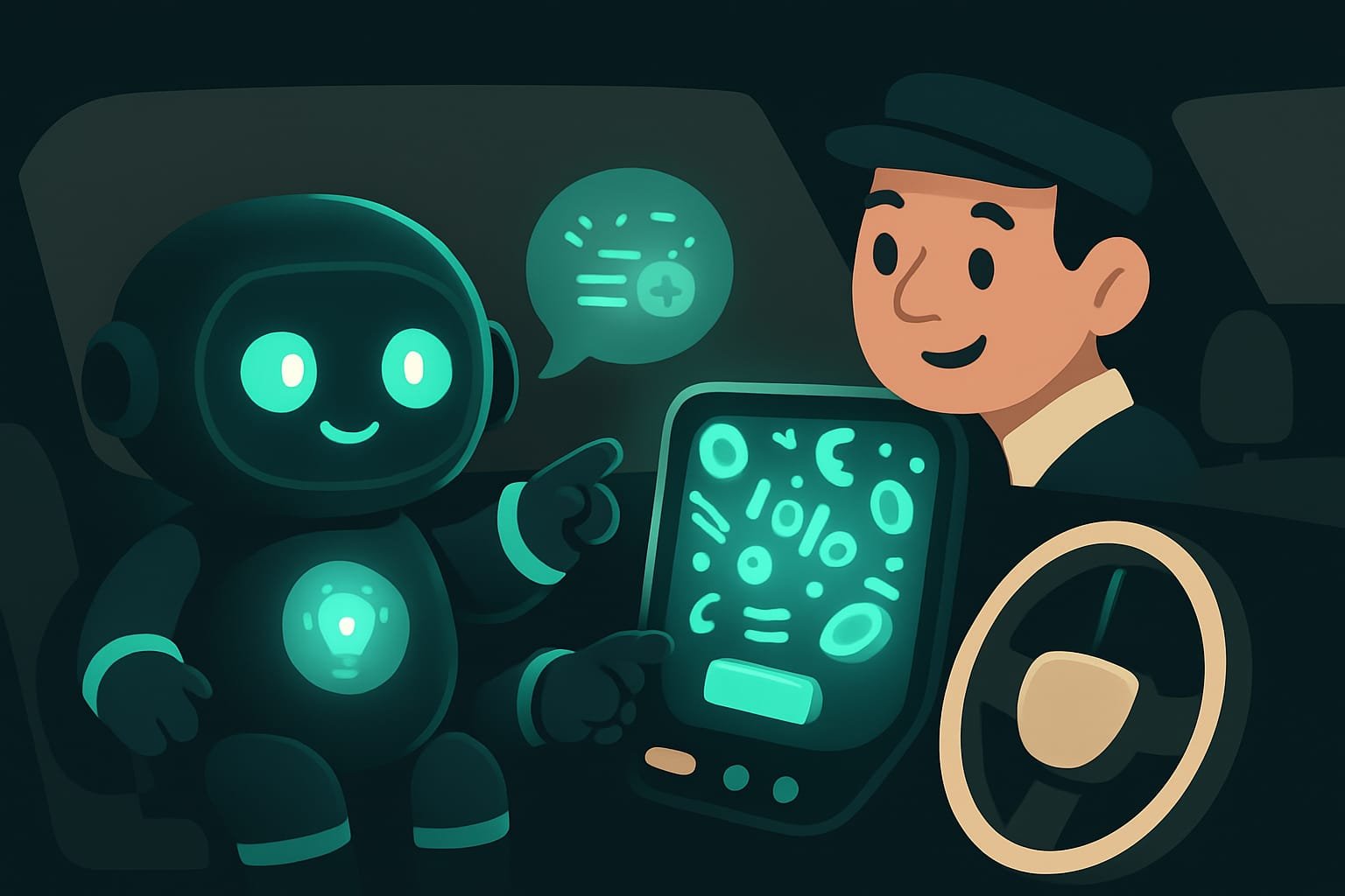 Das Maskottchen Sodi im Taxi, dessen Taxameter statt Kilometern Wörter, Buchstaben und Tokens zählt