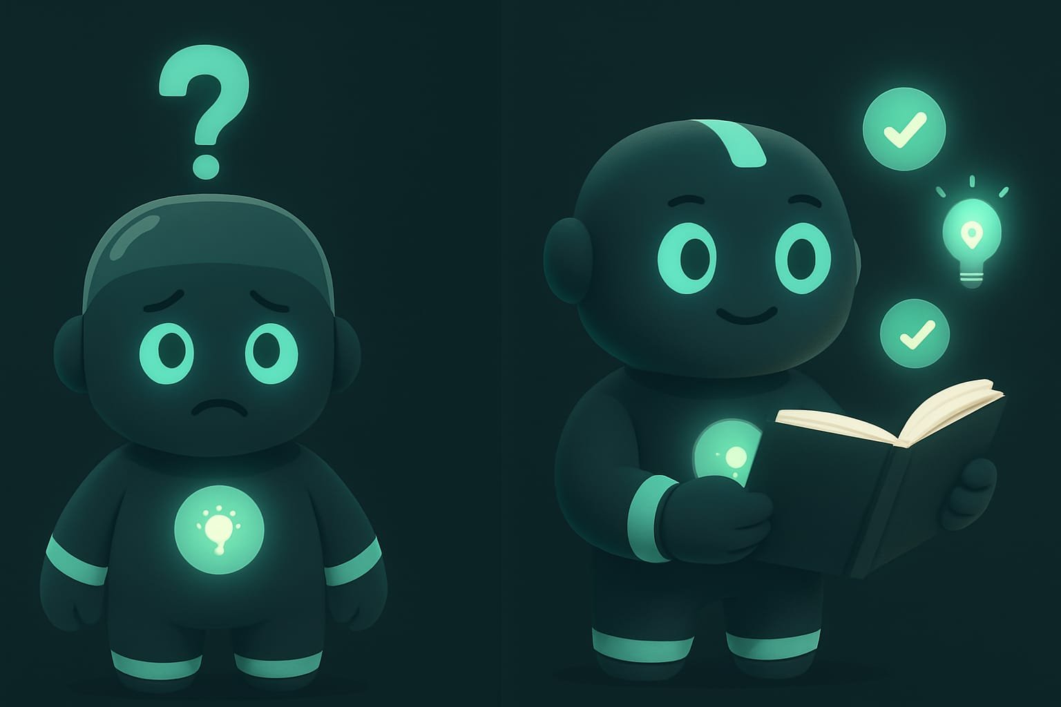 Sodi als Roboter-Praktikant: links mit leerem durchsichtigem Kopf und Fragezeichen, rechts hält er selbstbewusst ein aufgeschlagenes leuchtendes Heft mit Fakten-Icons