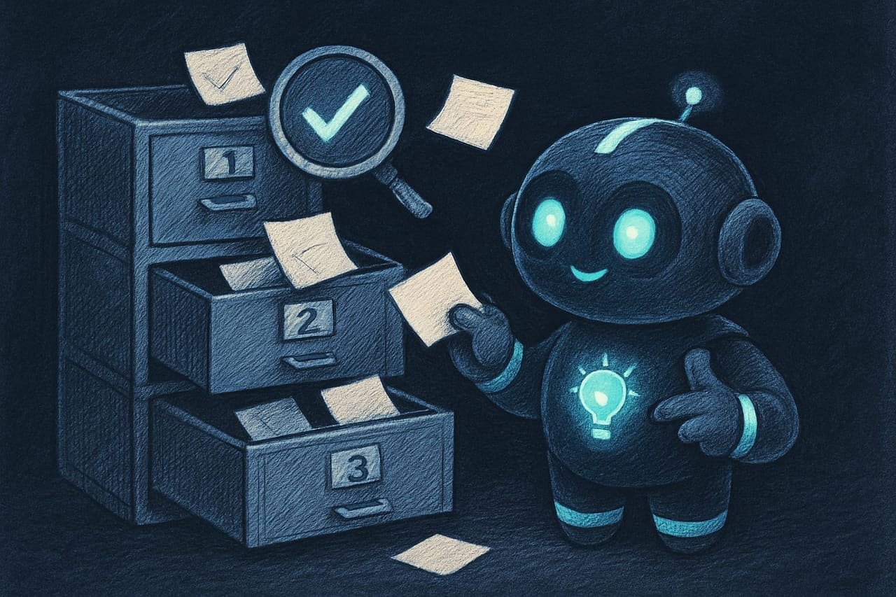Vier beschriftete Regale, daneben Sodi der Maskottchen-Roboter, eine Hand sortiert Notizen ein, eine Lupe prüft auf Dubletten