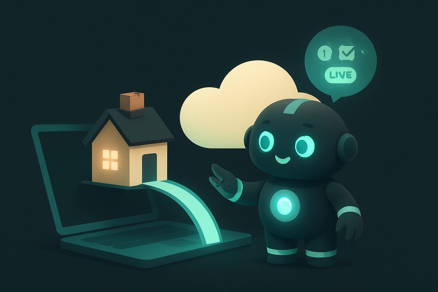 Sodi der freundliche Roboter-Begleiter hilft dem gemütlichen Projekt-Häuschen über eine ordentliche teal/mint Brücke vom Laptop auf einen Cloud-Server umzuziehen