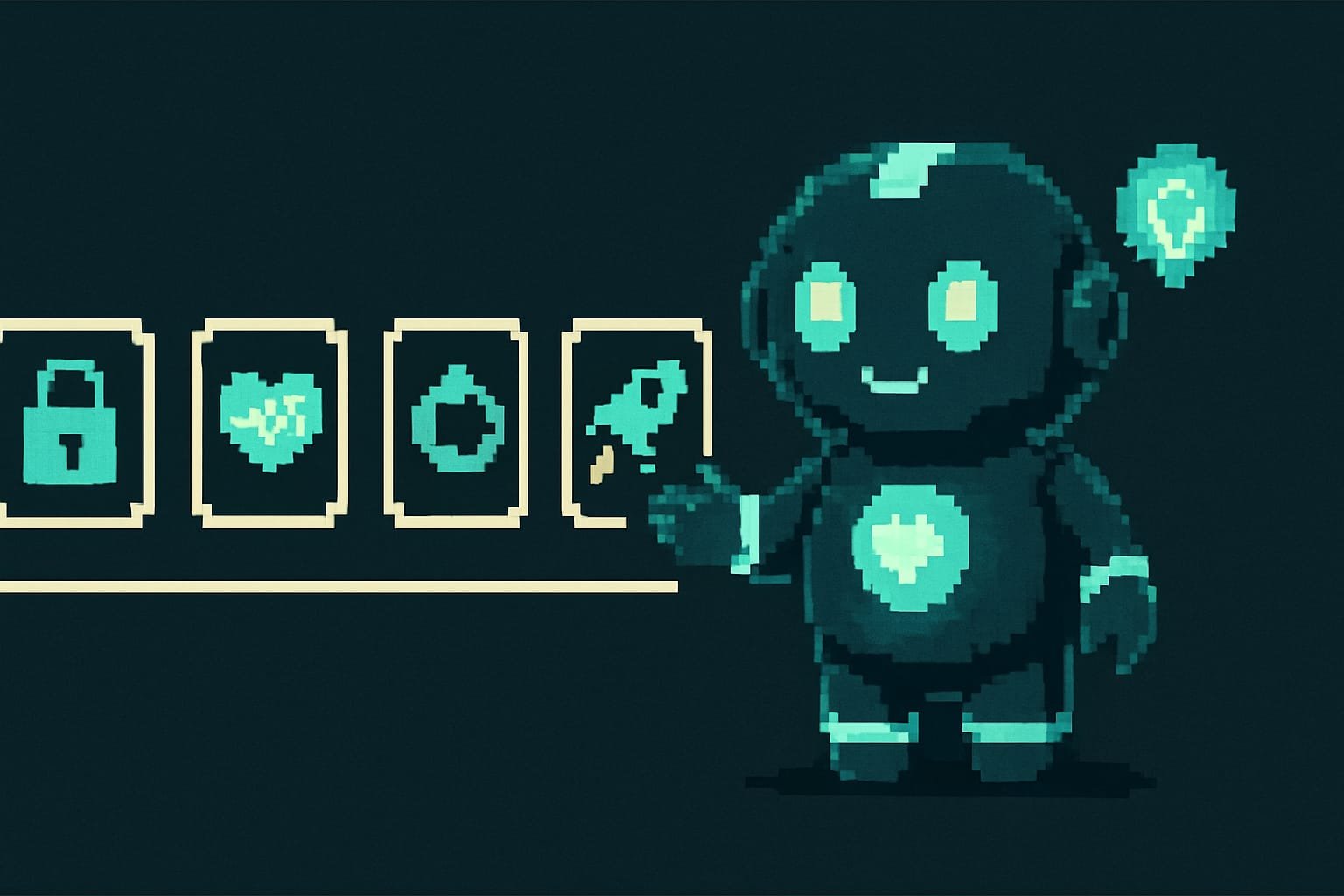 Pixel-Art: vier Icons - Schloss für Secrets, Herz-Puls, Zurück-Knopf, Deploy-Rakete - mit Sodi als kleinem hilfreichem Begleiter, der sie präsentiert